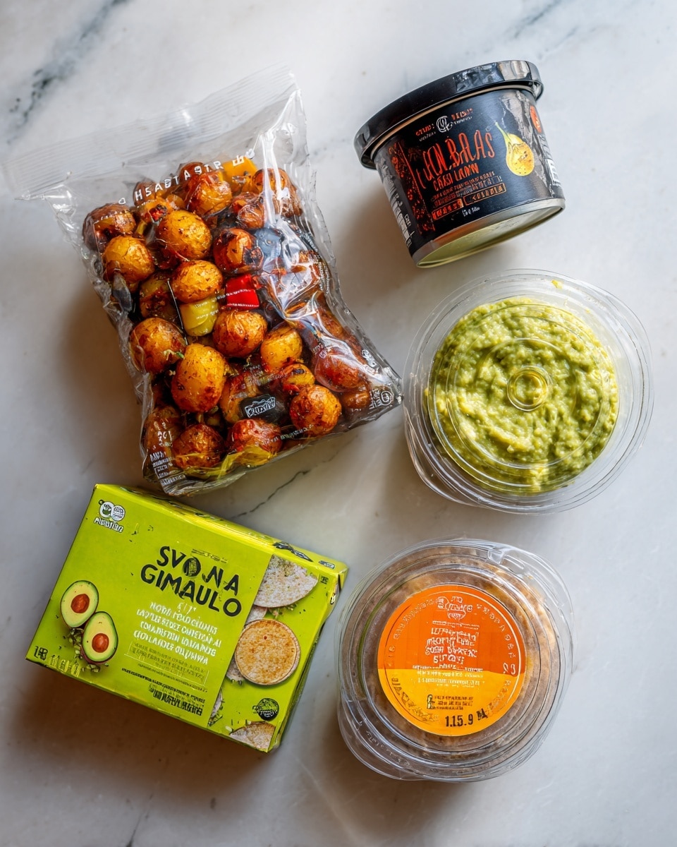 The image shows five packaged food items on a white marbled surface: a large bag of roasted potatoes with peppers and onions, a can of Cuban style black beans with a dark label and red accents, a green box of avocado’s number guacamole with a clear window showing the green guacamole inside, a round container of romesco dip with an orange and yellow label, and a clear plastic pack of corn tortillas with a green and yellow label. The items are arranged in a loose cluster with some space between them. photo taken with an iphone --ar 4:5 --v 7