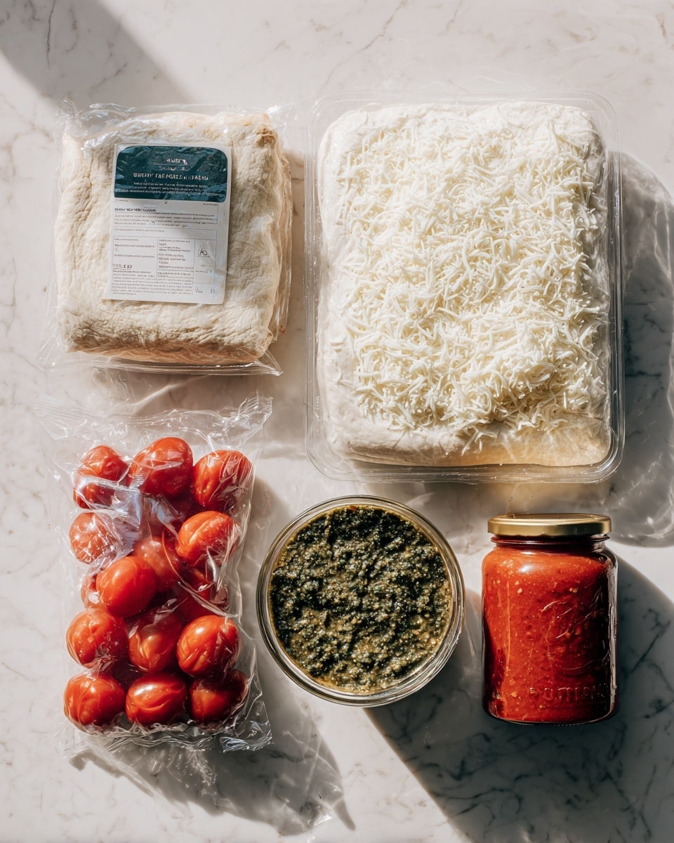 The image shows a white marbled surface with five items arranged: a rectangular flat pizza crust in clear packaging with a dark green label, a white package of dairy-free shredded mozzarella style cheese with visible white cheese shreds inside, a clear bag of small red grape tomatoes, a round clear container of green vegan kale cashew and basil pesto, and a glass jar of orange-red organic tomato basil marinara sauce with a gold lid. All items have distinct labels and visible textures through their packaging. photo taken with an iphone --ar 4:5 --v 7