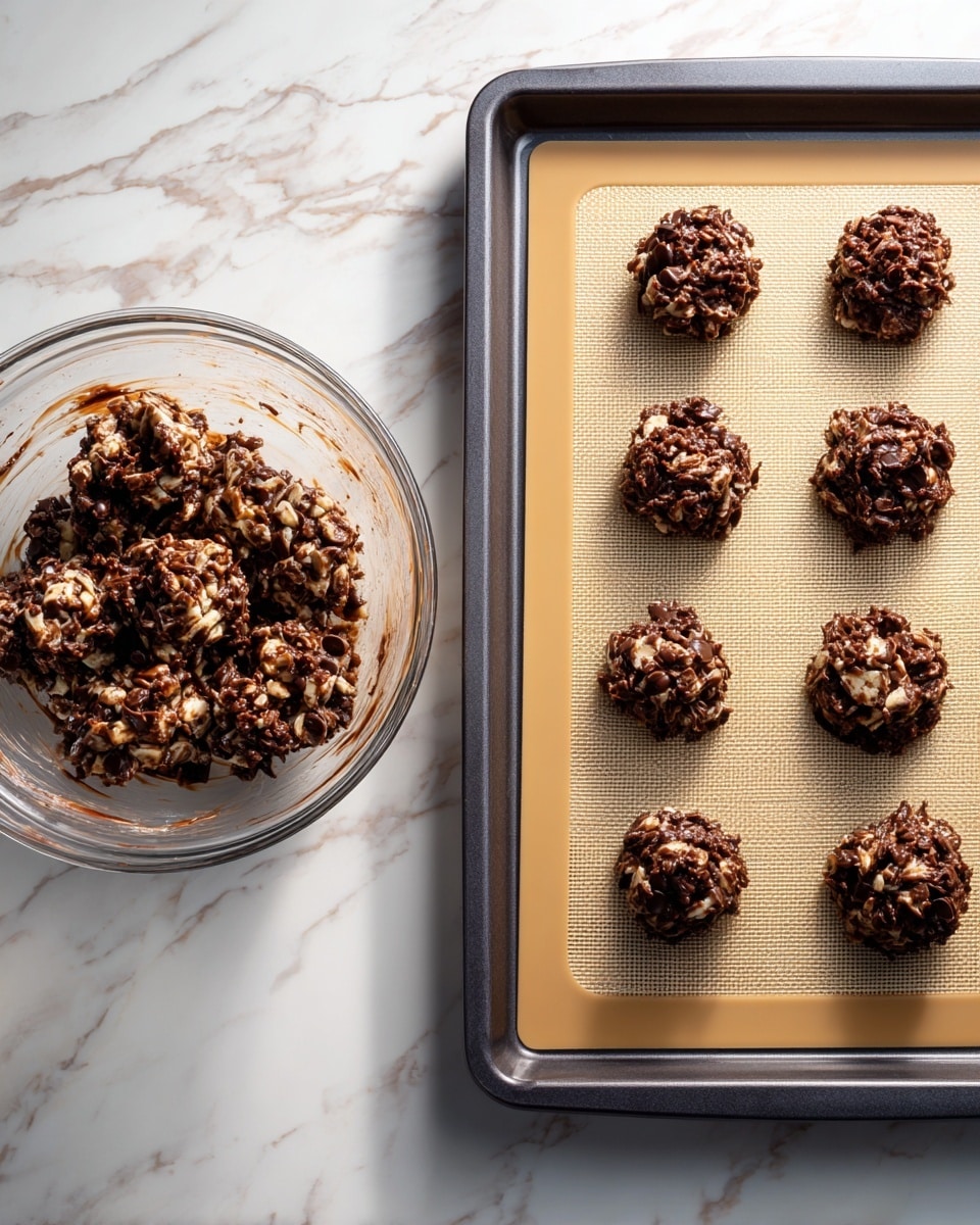 The image shows two views side by side: on the left is a clear glass bowl with thick, chunky, dark brown chocolate mixture with visible pieces, mixed unevenly with light brown batter coating the sides of the bowl; on the right is a baking tray lined with a beige silicone mat resting on a dark tray, holding eight roughly round clusters of the same chunky dark brown chocolate mixture, spaced apart and ready to bake, all placed on a white marbled surface. photo taken with an iphone --ar 4:5 --v 7