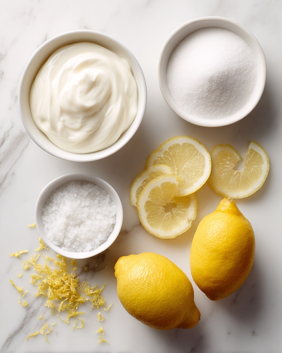 The image shows a white bowl filled with smooth, creamy white yogurt in the top left corner. To the right, there is a smaller white bowl filled with fine white sugar. Below these bowls, three bright yellow lemons with a smooth shiny texture are positioned on a white marbled surface. Next to one lemon, there are lemon slices and wedges arranged neatly, showing the pale yellow pulp inside. A smaller white bowl with granulated white sugar is at the bottom center, and a small amount of lemon zest is sprinkled nearby on the marbled surface. photo taken with an iphone --ar 4:5 --v 7