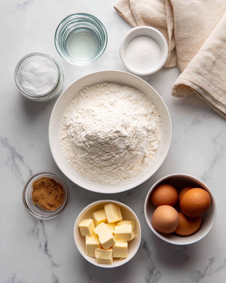 The image shows six containers with different baking ingredients arranged on a white marbled surface. In the center is a large white bowl filled with a mound of fine white flour. To the top left of the flour is a small clear glass jar filled with white salt. Directly above the flour is a small white bowl with a clear liquid, likely water. To the right of the water bowl is a beige cloth partially visible in the top right corner. Below the water bowl, there is a white bowl holding three brown eggs. At the bottom right is another small white bowl holding four yellow butter chunks resting in melted butter. Below and slightly to the left of the flour bowl is a tiny clear glass container filled with a light brown powder, possibly brown sugar or cinnamon. Photo taken with an iphone --ar 4:5 --v 7