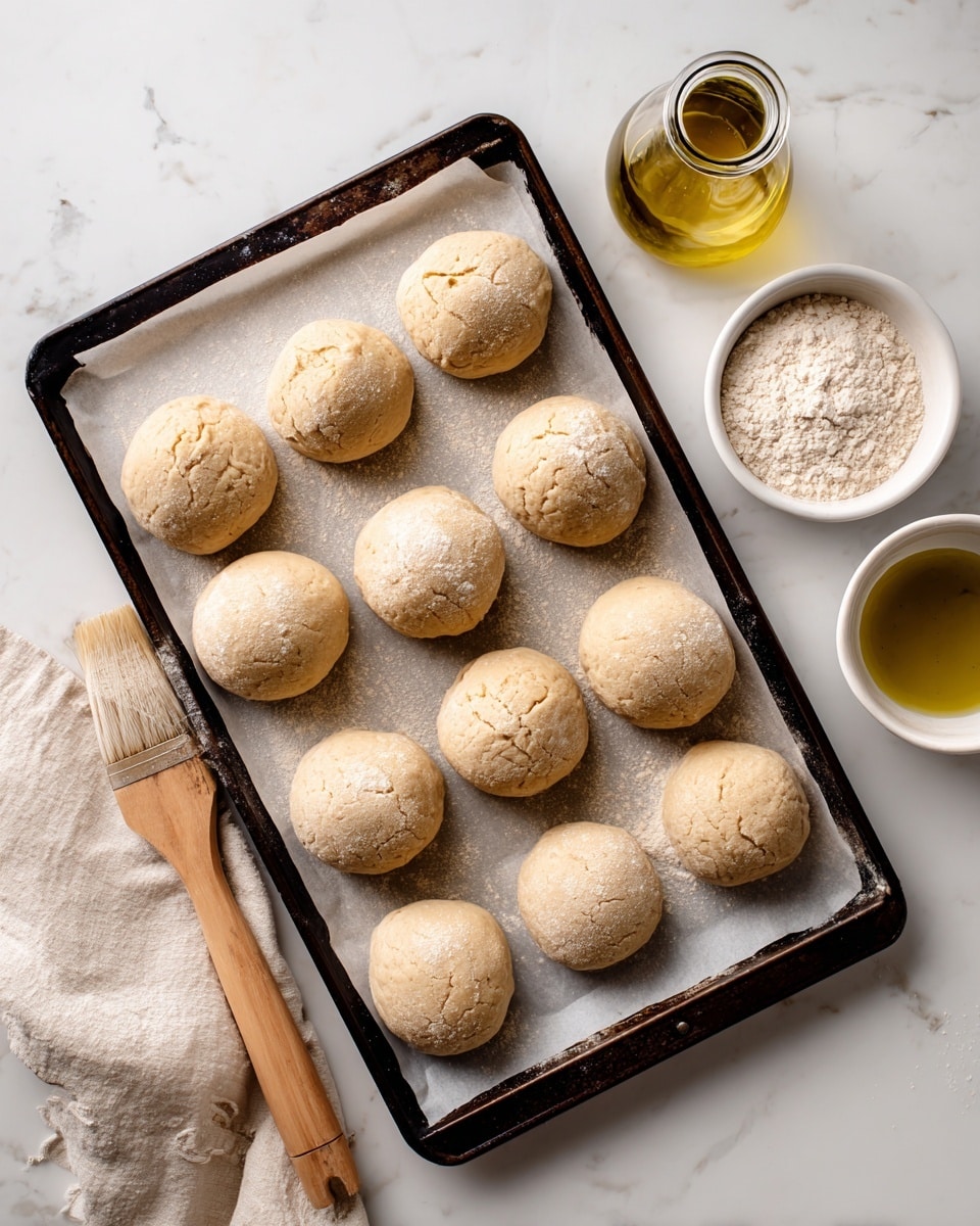 The image shows twelve round dough balls placed in four rows of three on top of white parchment paper, which lines a dark baking tray. The dough balls are pale beige with a lightly flour-dusted surface, some with small cracks on top. The tray sits on a white marbled surface. Around the tray, a small jar of golden olive oil with a wooden brush, a small glass jar with white flour, and a white bowl filled with more olive oil are visible, adding soft earth tones to the clean, bright setting. photo taken with an iphone --ar 4:5 --v 7
