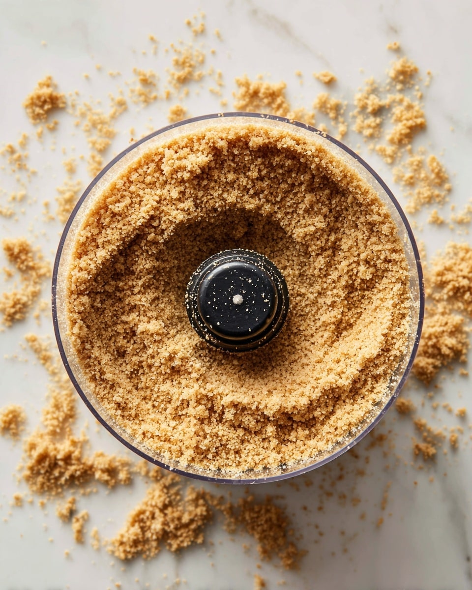 The image shows a close-up of a food processor filled with a single layer of fine, light golden crumb mixture. The crumbs have a dry, sandy texture and fill the container evenly around the black blade in the center. Small crumbs are scattered around the base of the food processor on a white marbled surface, creating a slightly messy yet natural look. The clear plastic container allows the crumb layer to be seen fully from above. photo taken with an iphone --ar 4:5 --v 7