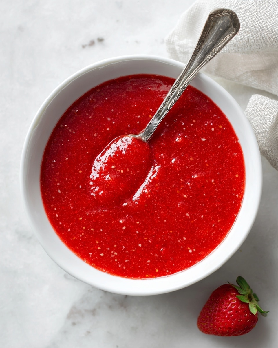 A white bowl filled with smooth, bright red strawberry sauce that has a slightly thick texture. A silver spoon filled with the sauce is resting inside the bowl, showing the sauce's glossy, wet surface and tiny seed bits. The bowl is placed on a white marbled surface with a single whole red strawberry with a green top near the bottom right corner, and a light-colored cloth partially visible in the top right corner. photo taken with an iphone --ar 4:5 --v 7