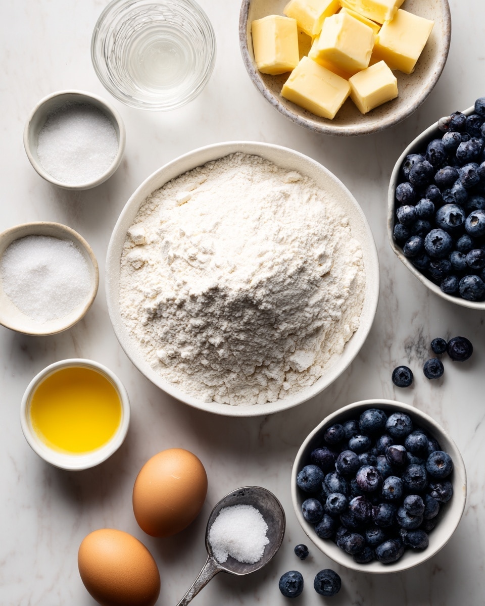 A white bowl filled with a large pile of white flour sits in the center on a white marbled surface. To its top right, a small glass bowl holds several yellow butter cubes. Below the butter, a white bowl is full of fresh dark blue blueberries. At the very right, a small metal cup contains white sugar with two teaspoons resting inside. Below the metal cup, another white bowl is also filled with dark blue blueberries. To the lower left of the flour bowl, a small white bowl contains yellow melted butter. Above that, a tiny white bowl is filled with white liquid, and next to it another tiny white bowl holds white salt. Three brown eggs rest on the surface below these bowls, with a fourth brown egg sitting in a small white bowl near the center right. The whole scene is bright and clear, arranged neatly on the white marbled texture. photo taken with an iphone --ar 4:5 --v 7