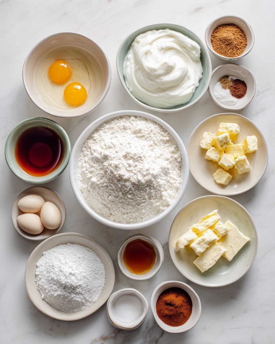 The image shows nine white bowls and plates on a white marbled surface, each containing different baking ingredients. In the center is a bowl filled with white flour. Surrounding it, clockwise from the top, are a bowl of thick white cream, a bowl of light brown sugar, a bowl with two raw egg yolks in egg whites, a bowl with small yellow diced fruit pieces, a small plate with white baking powders and brown spices, a small bowl with amber liquid, a small bowl of white sugar, and a bowl with light yellow butter. The bowls and plates are neatly arranged to show all the ingredients clearly photo taken with an iphone --ar 4:5 --v 7