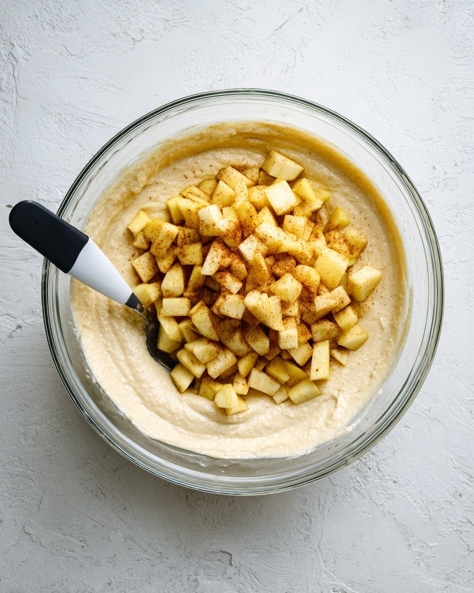 Inside a large clear mixing bowl, there is a thick light beige batter forming the base layer with a creamy texture. On top of the batter, a generous pile of small, evenly cubed pieces of light yellow apple with hints of brown cinnamon seasoning are spread in the center. A black spoon with a white section near the handle rests on the left side inside the bowl, partially covered with batter. The bowl is placed on a white marbled textured surface. photo taken with an iphone --ar 4:5 --v 7