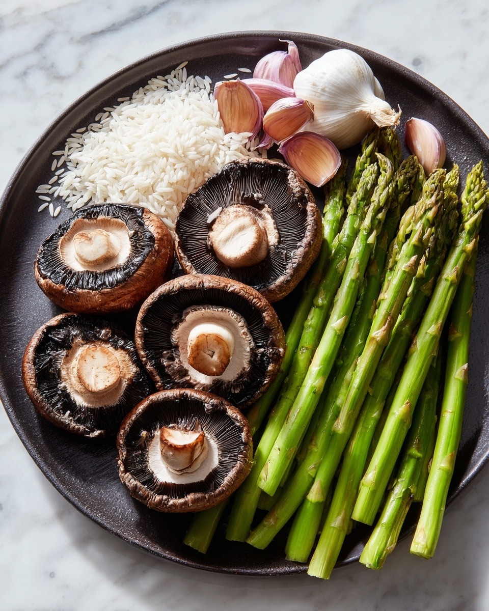 The image shows a close-up of fresh ingredients arranged on a round dark plate placed on a white marbled surface. There is a cluster of green asparagus spears on the right side, with their tips pointing upwards. Next to the asparagus, several slices of brown mushrooms are fanned out in a semi-circle, showing the white inside and dark brown gills clearly. Underneath the mushroom slices, there is a small pile of uncooked white rice grains scattered loosely. Behind the mushrooms, there are cloves of garlic, some still in their papery purple skin, adding a touch of color and texture to the composition. The lighting highlights the fresh, natural textures of all the ingredients. Photo taken with an iphone --ar 4:5 --v 7