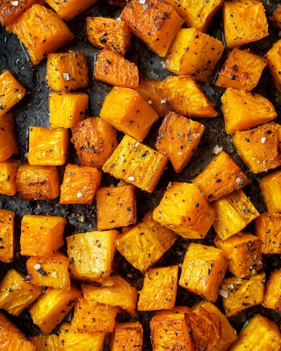The image shows many pieces of orange and light yellow roasted cubes spread out closely on a dark baking tray. Each cube has a rough and uneven surface with different shapes and sizes. The cubes have a slight shine, sprinkled with black pepper and coarse salt crystals, which add texture to the bright colors. The dark tray contrasts with the vibrant orange and pale yellow colors, making the roasted pieces stand out clearly. photo taken with an iphone --ar 4:5 --v 7