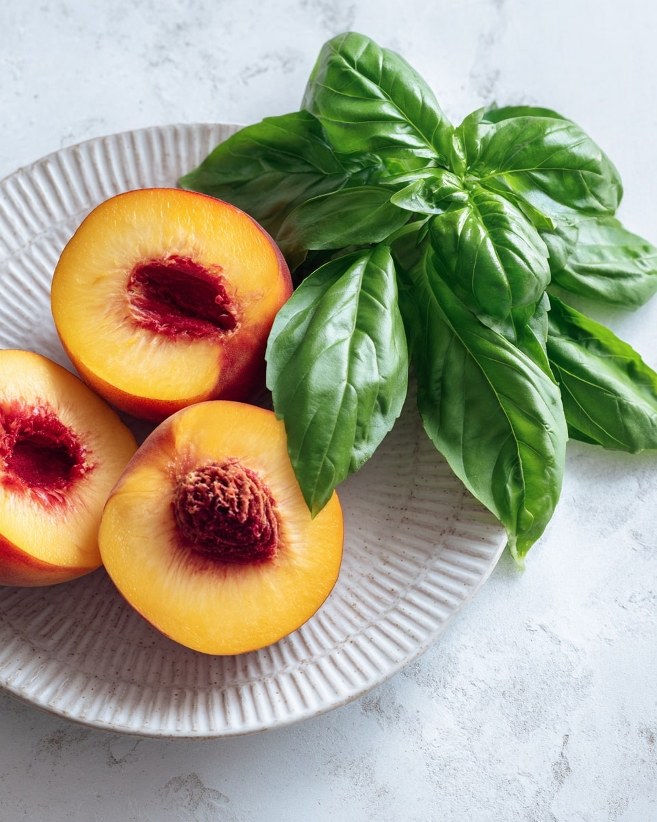 The image shows three cut peach halves with vivid orange-yellow flesh and deep red centers, placed on a textured white plate. Next to the peach slices, there is a bunch of fresh, bright green basil leaves with visible veins and a smooth texture. The scene is set on a white marbled surface, giving a clean and fresh look to the arrangement. photo taken with an iphone --ar 4:5 --v 7