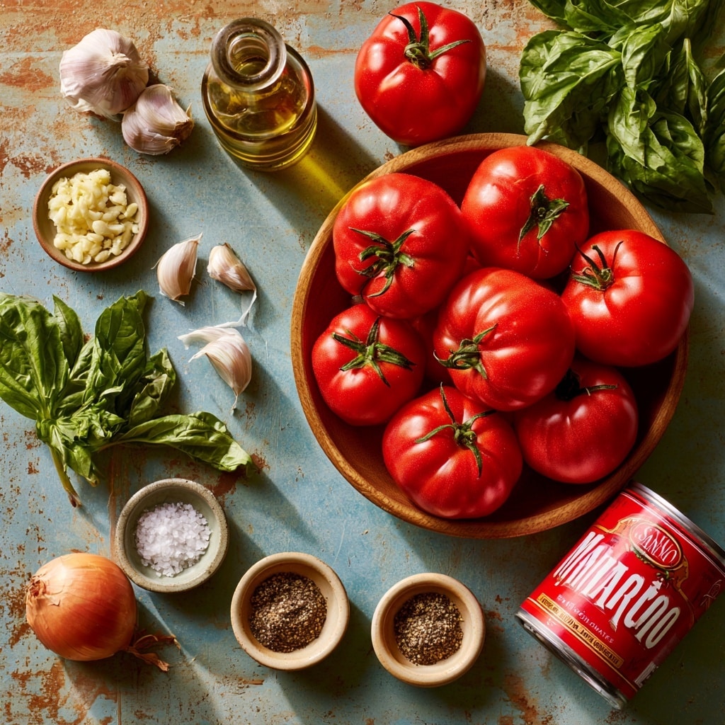 The image shows a clear blender filled with thick, bright red tomato sauce sitting on a white marbled surface. Around the blender, there are several whole red tomatoes with green stems attached, some of which are scattered near fresh green basil leaves. In front of the blender, there is a small white bowl filled with peeled tomato strips that are bright red and soft. One tomato is sliced in half, revealing its juicy inside with seeds visible. The overall setting is bright with a fresh and natural feel. Photo taken with an iphone --ar 4:5 --v 7