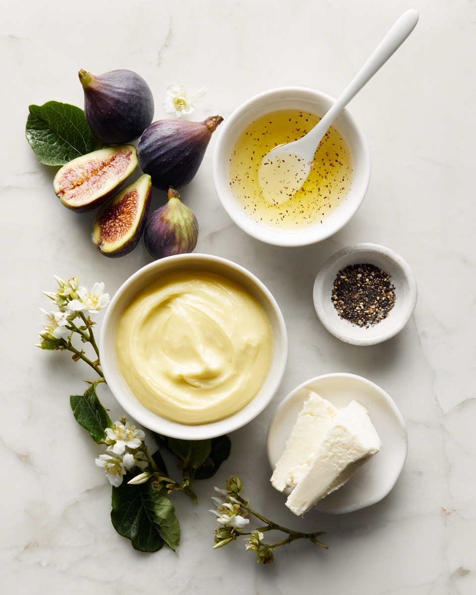 The image shows a white marbled surface with four white bowls arranged loosely. The largest bowl holds a smooth, creamy yellow sauce with a thick texture. Another bowl contains a light yellow liquid with some mustard seeds visible, and a white spoon resting inside it. A small bowl has a dark mixture, likely a pepper and salt blend. The smallest bowl holds a white solid, possibly a piece of butter or cheese. On the left side, three dark purple figs, one cut in half showing a light green and cream interior with tiny black seeds, are set next to some green leaves and a small white flower. The scene is bright and clear, highlighting the simple textures and colors of each item. Photo taken with an iphone --ar 4:5 --v 7