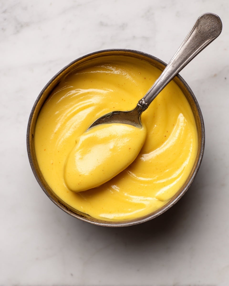A close-up of a small round pan filled with smooth, thick yellow sauce with a creamy texture. A metal spoon scoops up some of the sauce, showing its shiny surface and dense consistency. The pan sits on a white marbled surface. Photo taken with an iphone --ar 4:5 --v 7