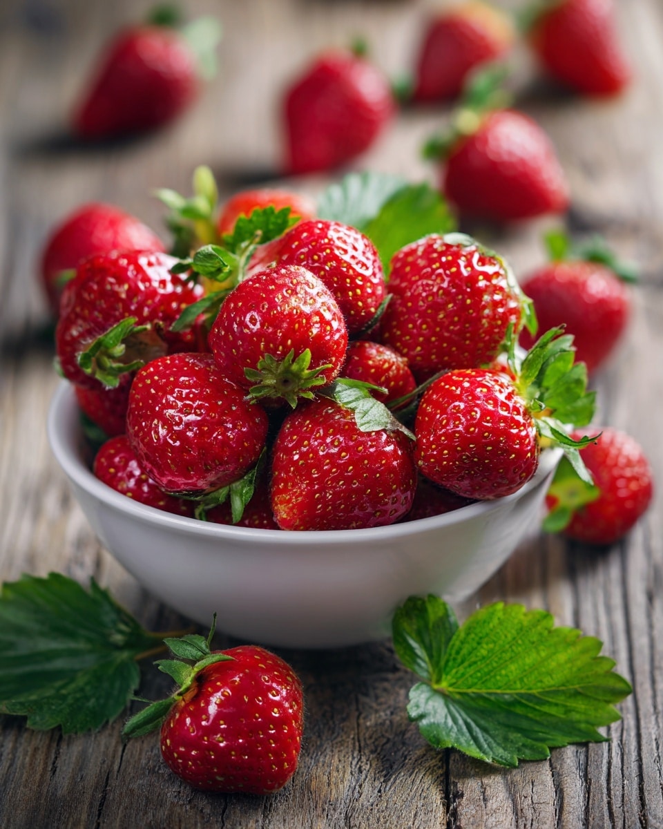 A white bowl filled with a pile of fresh red strawberries with green leafy tops sits in the middle. The strawberries are round and shiny, showing their small seeds on the surface. Around the bowl, some strawberries are scattered on a wooden textured surface, which contrasts with the bright red color of the fruit. The overall look is fresh and natural, with the strawberry leaves adding a lively green touch. photo taken with an iphone --ar 4:5 --v 7