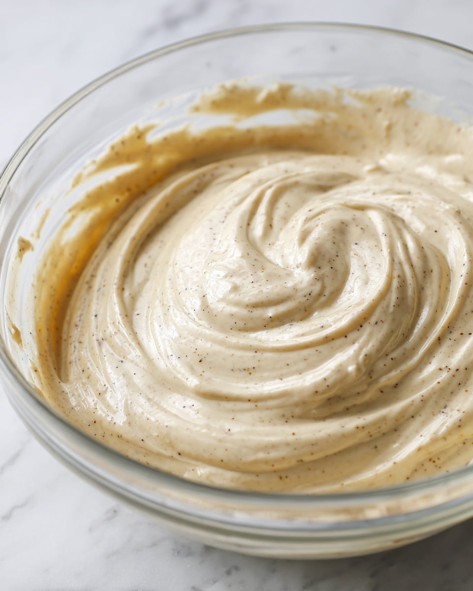 The image shows a close-up of a creamy, thick sauce or batter in a clear glass bowl. The mixture is light beige in color with small specks of darker brown and black dotting the surface. The texture is smooth with gentle swirls and folds, showing slight peaks and ripples across the thick liquid. The bowl is placed on a white marbled surface. Photo taken with an iphone --ar 4:5 --v 7
