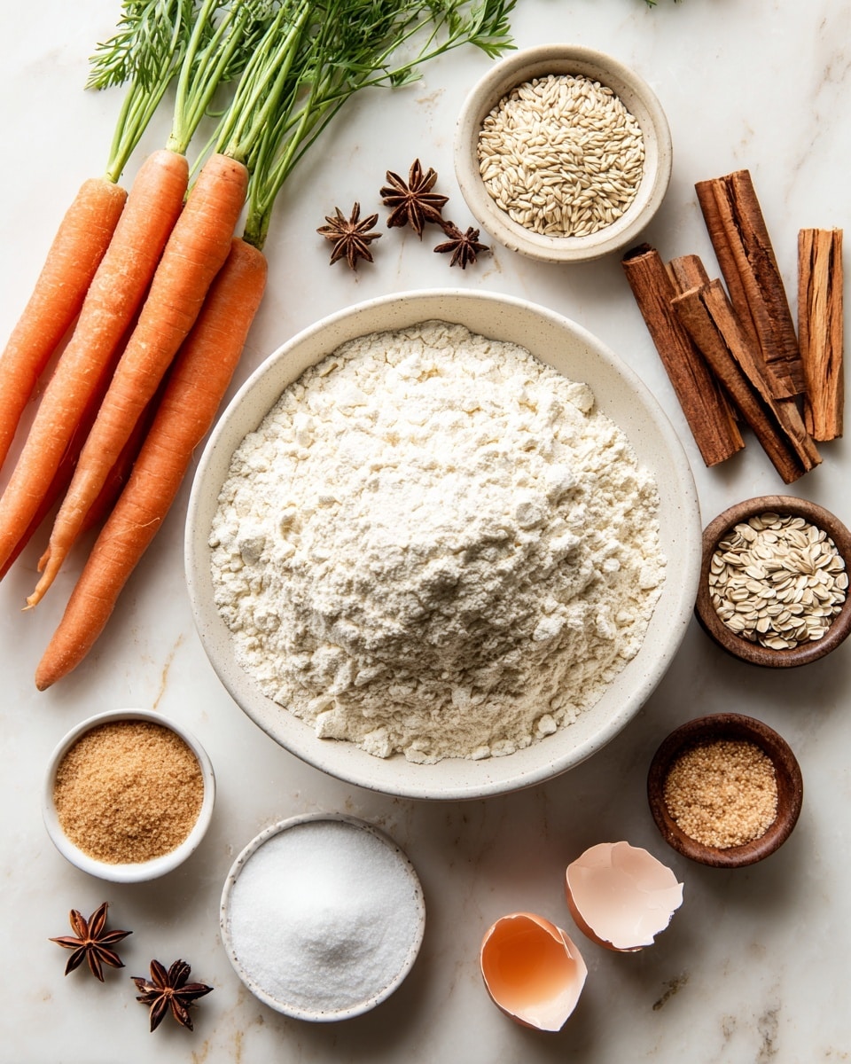 The image shows a white bowl filled with a large pile of white flour in the center on a white marbled surface. Around the bowl, there are several ingredients arranged: a bunch of whole orange carrots with green stems on the left side, three cinnamon sticks and two star anise pieces near the bottom left, a white bowl of light brown sugar below the flour bowl, a smaller white bowl with white granulated sugar, an empty eggshell cracked open next to a single brown egg on the bottom right, a round small brown bowl with whole anise seeds on the top right, a small white bowl with light beige seeds above the flour bowl, and a small bowl with a mix of white and brown powders on the top near the carrots. Photo taken with an iphone --ar 4:5 --v 7