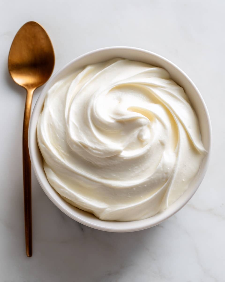 A close-up of a single layer of thick, creamy white spread with a smooth and slightly whipped texture swirled gently in a white bowl. The swirls create soft peaks and curves, giving the creamy spread a rich and inviting look. The bowl sits on a white marbled surface, and a bronze spoon is placed nearby on the left side. photo taken with an iphone --ar 4:5 --v 7