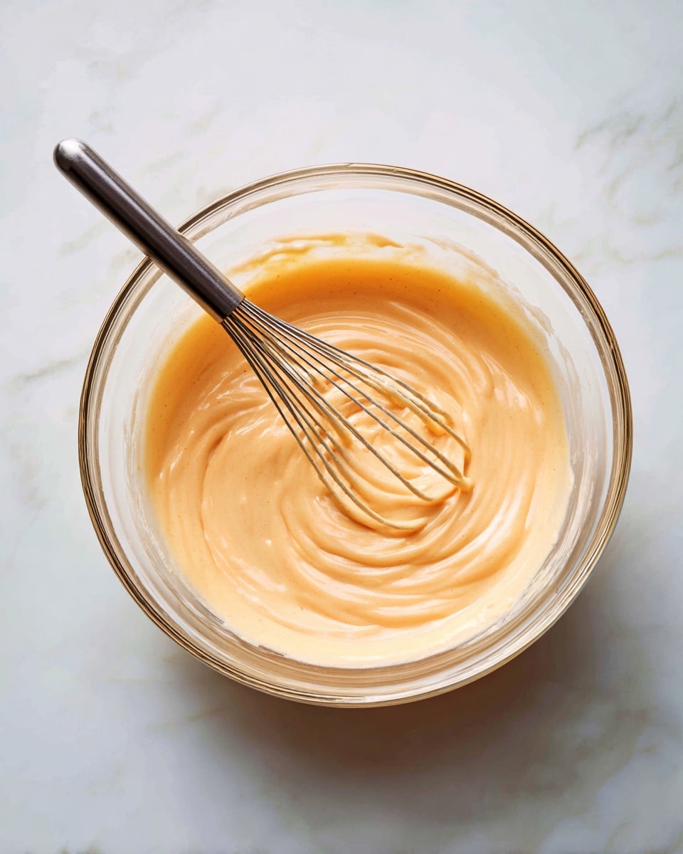 A clear glass bowl is filled with smooth, light orange batter that has a slightly thick texture. A metal whisk is partially dipped in the batter, sitting on the left side of the bowl, and the batter shows soft circular lines from stirring. The bowl is placed on a white marbled surface with soft light highlighting the creamy mix inside. Photo taken with an iphone --ar 4:5 --v 7