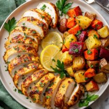Spatchcock Garlic Herb Butter Roasted Chicken with Roasted Vegetables Recipe