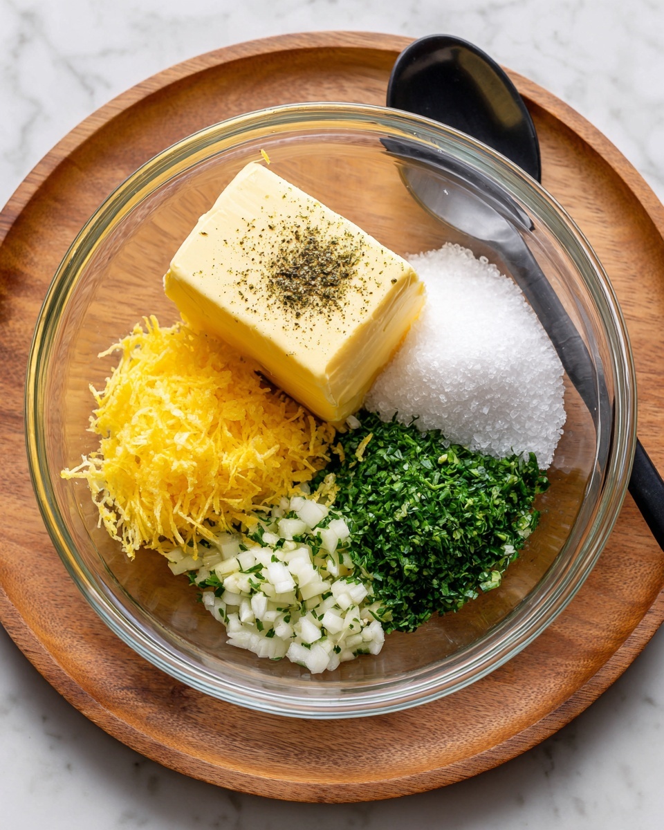 A clear glass bowl containing six separate ingredients arranged in sections inside: a block of pale yellow butter with some black pepper on top at the bottom left, bright yellow lemon zest below it, finely chopped white garlic at the bottom right, finely chopped green herbs on the top right and top left, and a pile of white salt forming a small mound at the top center. The bowl is placed on a round wooden tray with a black spoon lying next to it on the tray. The background is a white marbled texture. Photo taken with an iphone --ar 4:5 --v 7