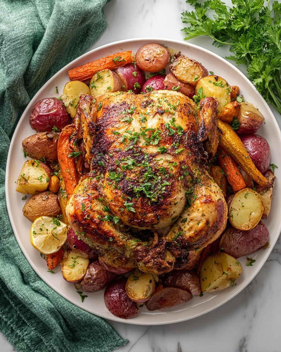 A white round plate with two main sections: on the left, seven slices of cooked chicken with a golden-brown, slightly crispy outer layer, arranged in a neat fan shape, the inside is white and juicy; on the right, a mix of roasted vegetables with three types: red-skinned potato chunks, orange carrot slices, and lightly browned potato pieces, all sprinkled with green chopped herbs. Two lemon wedges rest at the center edge between the chicken and vegetables. Fresh green parsley leaves decorate the plate’s right side. The plate sits on a white marbled surface with part of a green cloth below it, and there is a fork and knife at the top right. Photo taken with an iphone --ar 4:5 --v 7