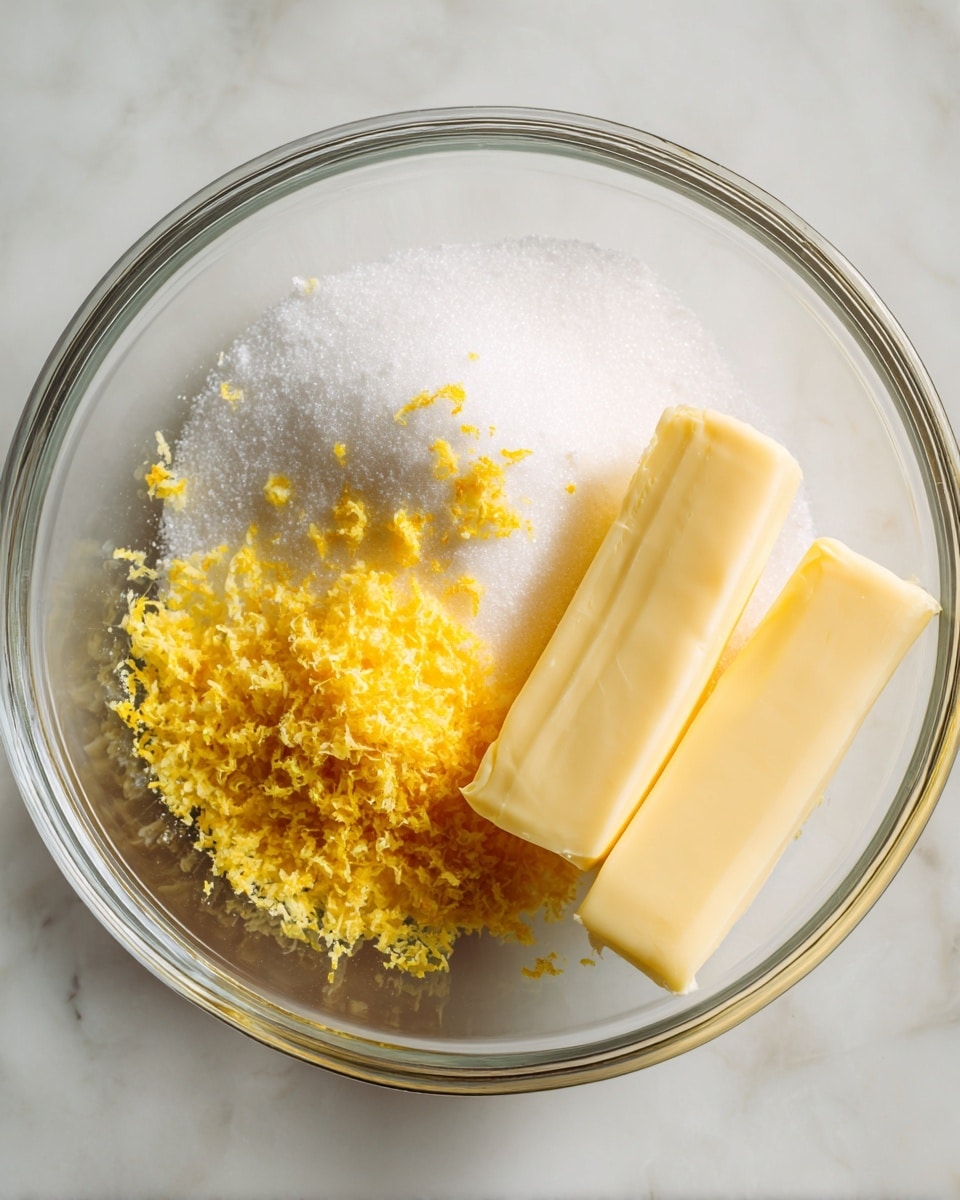 In a clear glass bowl placed on a white marbled surface, there are three main layers: two thick pale yellow sticks of butter on the right, a large mound of white granulated sugar on the left, and a bright yellow layer of finely grated lemon zest scattered mostly over the sugar and slightly on the butter. The textures show the smooth, solid butter, the grainy sugar, and the soft, fluffy zest. The scene looks clean with natural light. photo taken with an iphone --ar 4:5 --v 7