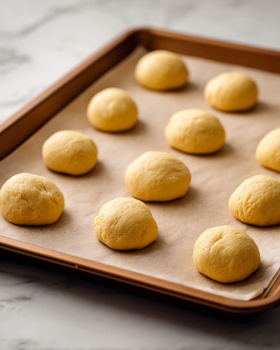 The image shows a baking tray covered with light brown parchment paper on a white marbled surface. There are fifteen small, round dough balls evenly spaced in three rows and five columns on the tray. Each dough ball has a smooth, light yellow texture, looking soft and ready to bake. The tray takes up most of the image, and the background is softly blurred. photo taken with an iphone --ar 4:5 --v 7