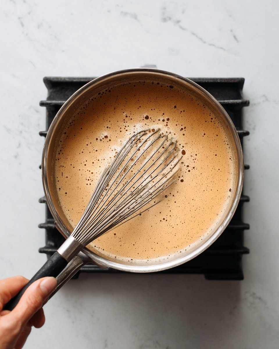 A metal pot filled halfway with a light brown creamy mixture that has a frothy texture on the surface, with small bubbles spread evenly. A metal whisk is partially submerged and resting inside the pot, held by a woman's hand, which is visible at the edge of the pot. The pot is placed on a stove with black metal grates beneath. The scene is set on a white marbled textured surface. photo taken with an iphone --ar 4:5 --v 7