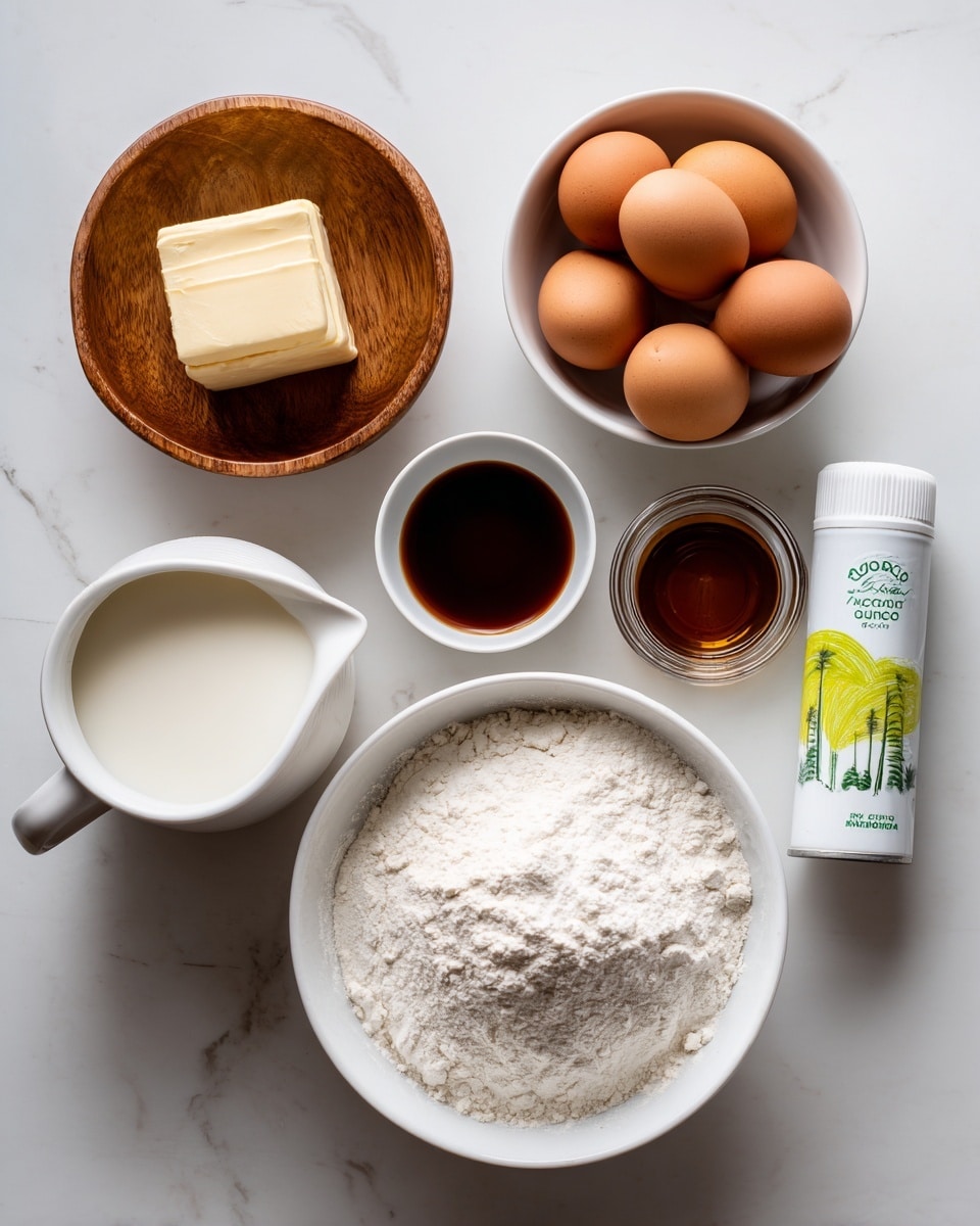 The image shows baking ingredients neatly arranged on a white marbled surface. There is a large white bowl filled with flour at the bottom center, next to it on the right are two small containers: one clear with salt and one brown with vanilla extract. Above the large flour bowl are three brown eggs placed close together. To the left of the eggs is a small wooden bowl holding a square piece of butter. Above the butter, to the left, there is a white pitcher filled with milk. In the center, between the milk and eggs, is a small white bowl with a dark liquid, likely syrup. On the right side of the image is a white can of avocado oil spray with green and yellow designs. Everything is set clearly and brightly, with soft natural light. photo taken with an iphone --ar 4:5 --v 7