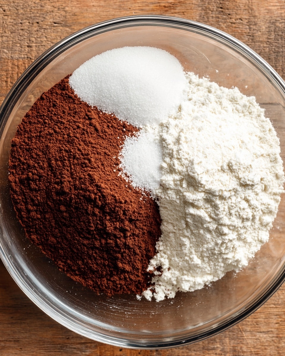 In a clear glass bowl, three separate layers of dry ingredients sit side by side: on the left, a dark brown pile of cocoa powder with a small patch of white sugar near it, on the right, a bright white pile of flour with a slightly clumped texture, and behind both, a larger smooth mound of granulated white sugar. The bowl is placed on a wooden surface. Photo taken with an iphone --ar 4:5 --v 7