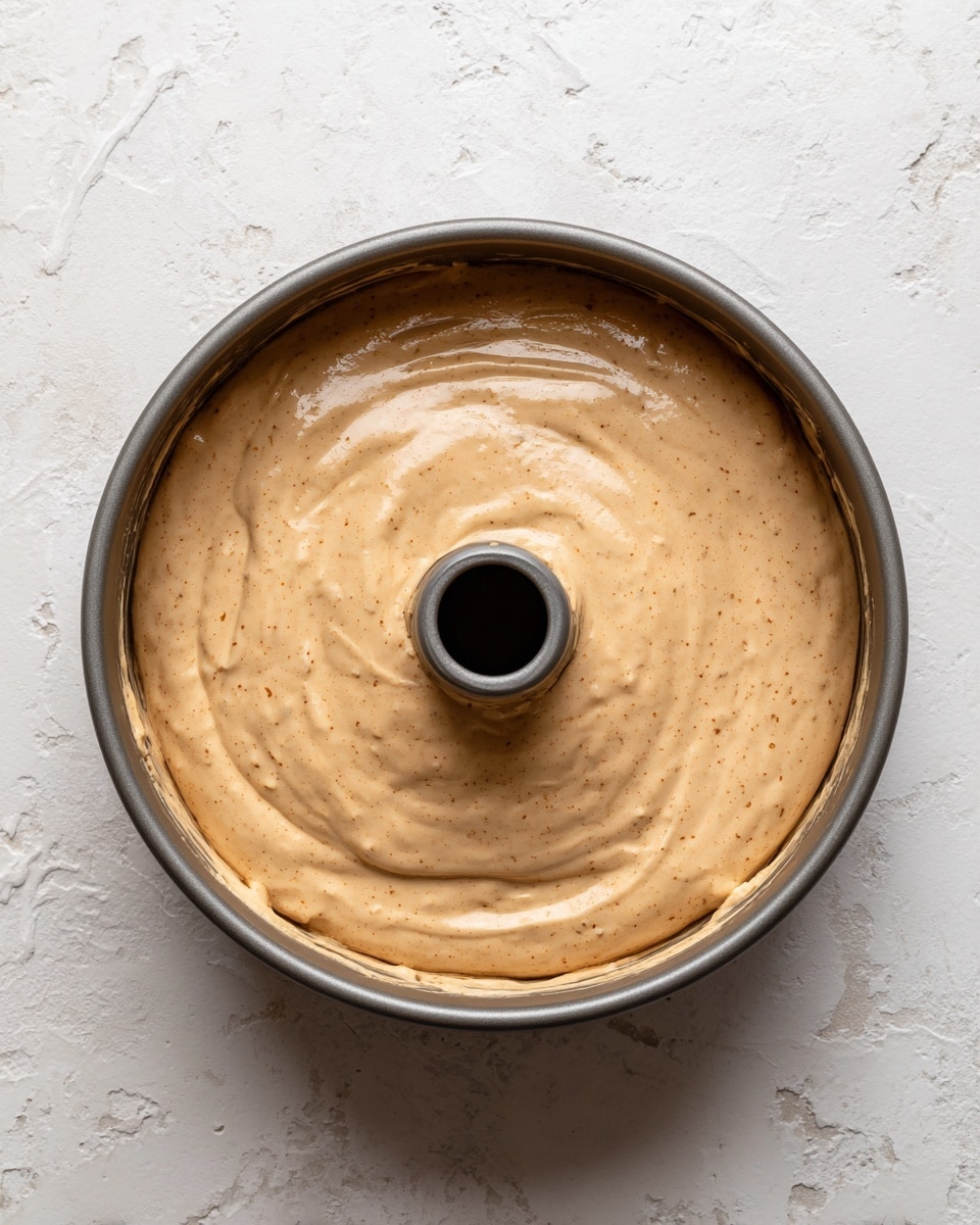 The image shows a round baking pan with a central tube filled with thick, light brown creamy cake batter. The batter is smooth with small darker specks throughout, spread evenly to the edges of the pan and slightly level on top. The pan rests on a white marbled surface. Photo taken with an iphone --ar 4:5 --v 7