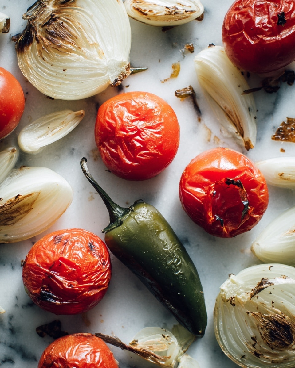The image shows a close-up of roasted vegetables spread on a white marbled surface. There are four bright red tomatoes with wrinkled and slightly charred skins in one area. Next to them is a small, deep green jalapeño pepper with a shiny, smooth surface. Surrounding these are translucent white onion slices, some of which have browned and slightly burnt edges. The vegetables look soft and cooked with a mix of smooth and crispy textures visible. The entire scene is lit with natural light, adding a fresh and warm feeling to the roasted vegetables photo taken with an iphone --ar 4:5 --v 7