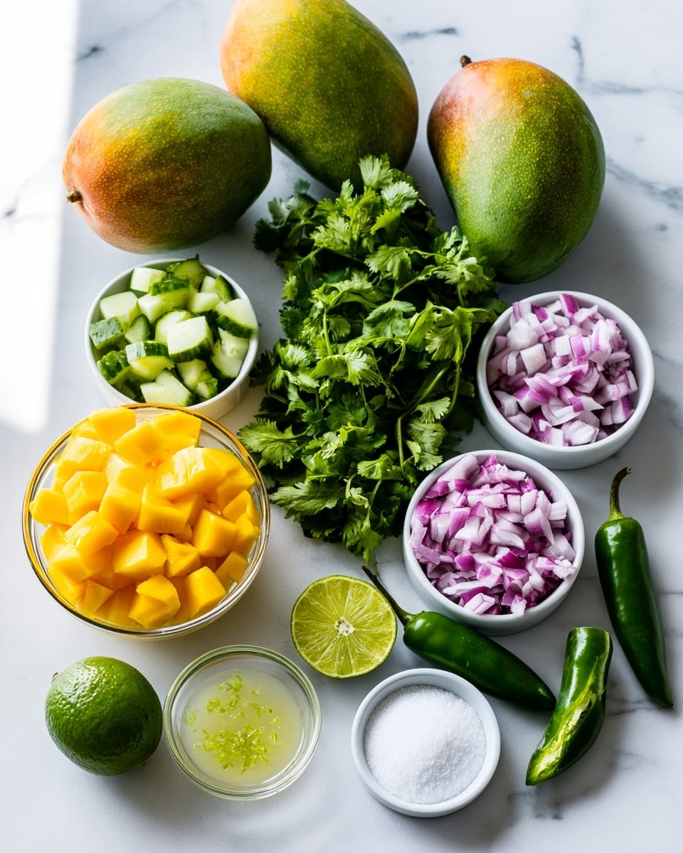 A white bowl with a black rim holds five piles of finely chopped ingredients arranged in a circle. On the top right, bright yellow mango pieces give a sweet look. Next to it at the top left, there are fresh green chopped peppers. On the bottom right side, fresh chopped green herbs add a rough textured layer. The bottom left side has light green cucumber cubes, and the center left side shows purple-red onion pieces. A wooden spoon rests on the mango pile inside the bowl, and the bowl sits on a white marbled surface. photo taken with an iphone --ar 4:5 --v 7