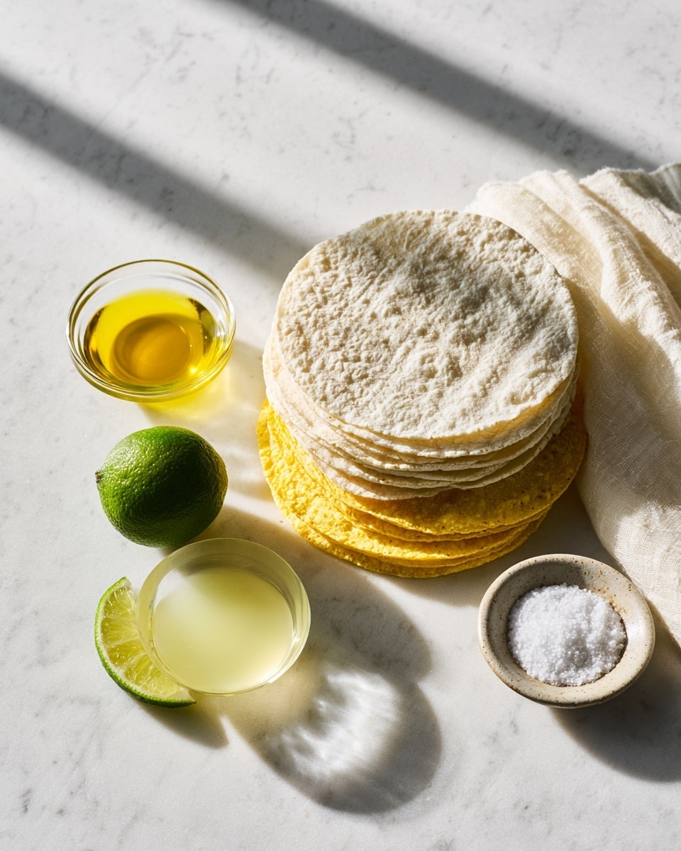 Six yellow corn tortillas lay flat on a metal baking sheet with some wear marks. Five tortillas are fully visible while one is partly covered by a woman's hand holding a brush applying oil or liquid on its surface. To the left side of the baking sheet is a white bowl containing a pale yellow liquid. The scene rests on a white marbled textured surface. Photo taken with an iphone --ar 4:5 --v 7