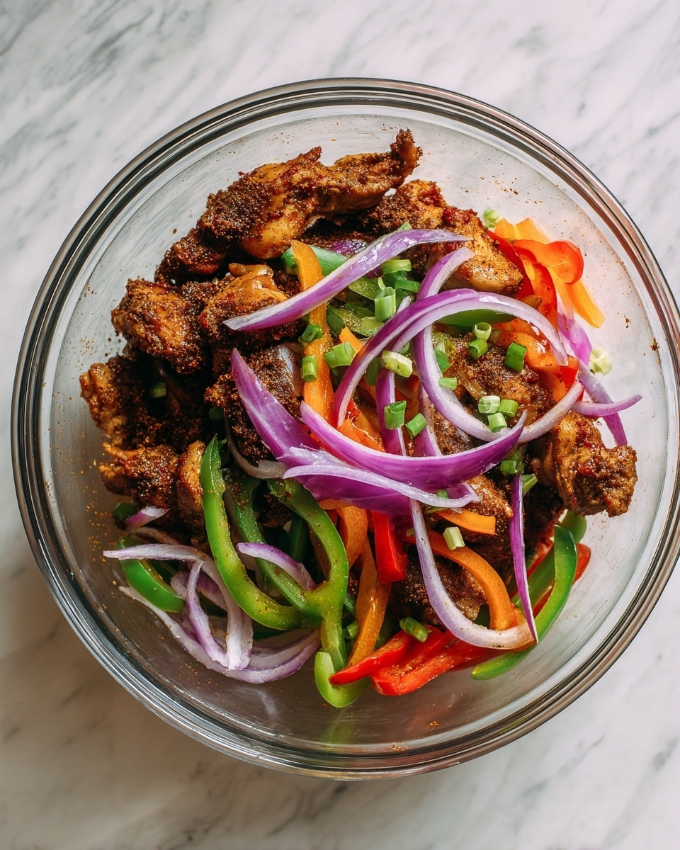 A clear glass bowl contains a colorful mix of three main layers: the bottom layer is made up of raw chicken pieces coated with dark brown spices, the middle layer has bright red, green, and orange bell pepper strips, and the top layer includes thin slices of purple onions scattered on top, all resting on a white marbled surface. photo taken with an iphone --ar 4:5 --v 7
