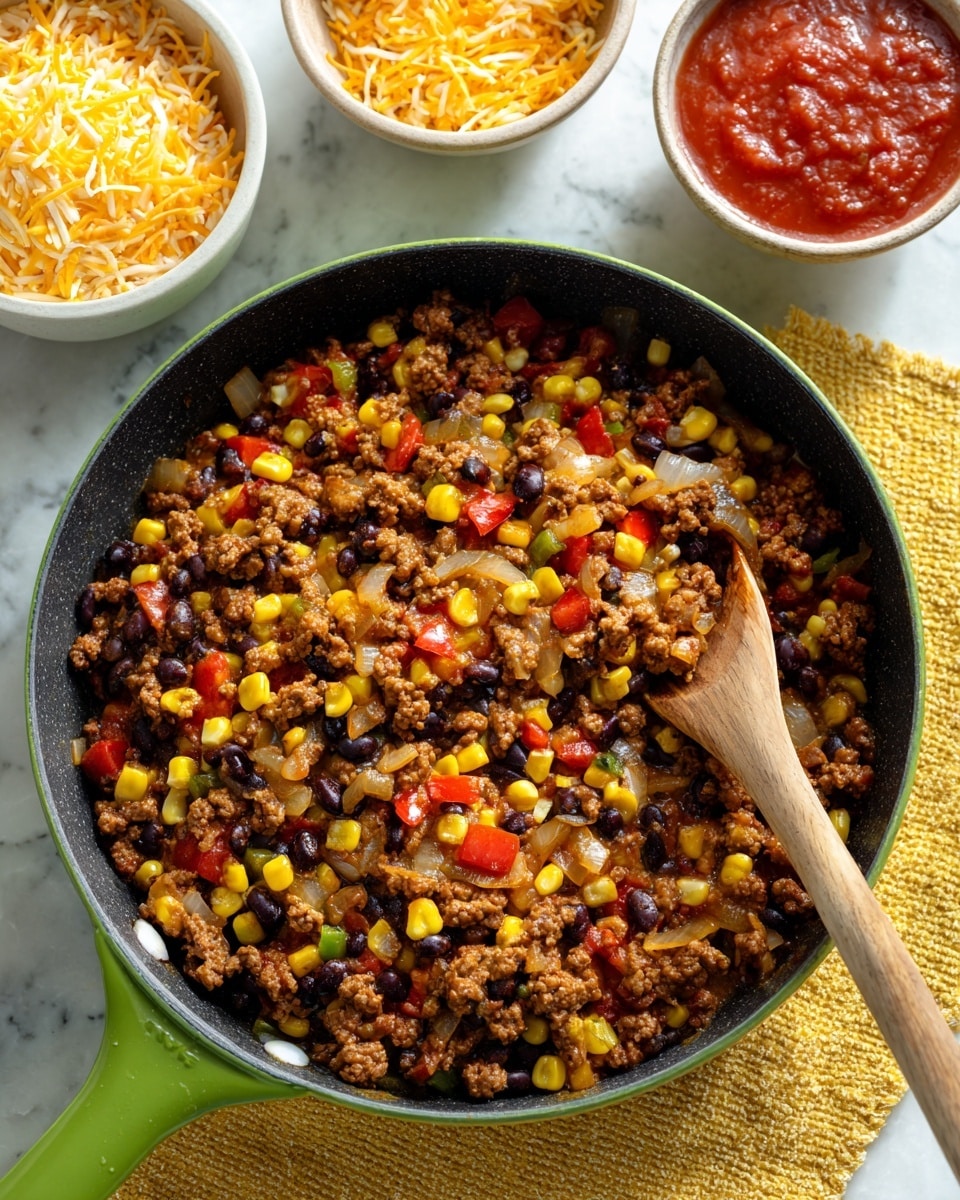 A green skillet filled with a colorful mixture of cooked ground meat, yellow corn kernels, black beans, small diced red bell peppers, and translucent cooked onions, all stirred with a wooden spoon resting inside the pan. In the top right corner, there are two white bowls, one with shredded orange and white cheese and the other with red salsa. The pan sits on a yellow textured cloth, and the surface is white marbled texture. photo taken with an iphone --ar 4:5 --v 7