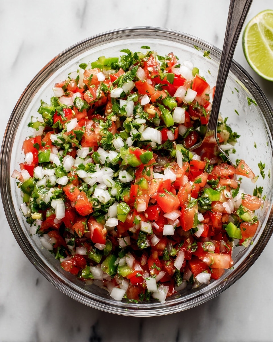 A clear glass bowl filled with a colorful mix of small diced tomatoes, white onions, green jalapeños, and fresh chopped cilantro, all evenly mixed together with a shiny texture. A metal spoon is partly inside the bowl, resting on the diced vegetables. The bowl is placed on a white marbled surface with a partially squeezed lime visible at the top right corner. The colors are bright and fresh with red, white, and green pieces clearly visible. photo taken with an iphone --ar 4:5 --v 7