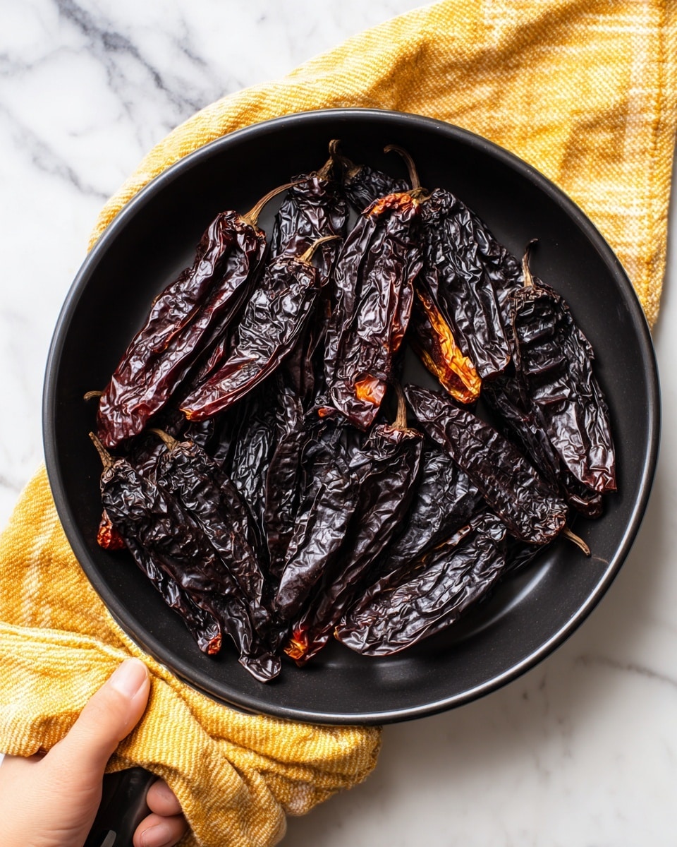 A round black pan is shown from the top, with about fifteen dark, wrinkled dried chili peppers spread out inside it. The chilies are mostly very dark brown, almost black, with some small patches of reddish brown and orange showing through their wrinkled skins. The pan is held by a woman's hand wrapped in a yellow and white striped cloth, and the pan sits on a white marbled surface. The photo taken with an iphone --ar 4:5 --v 7