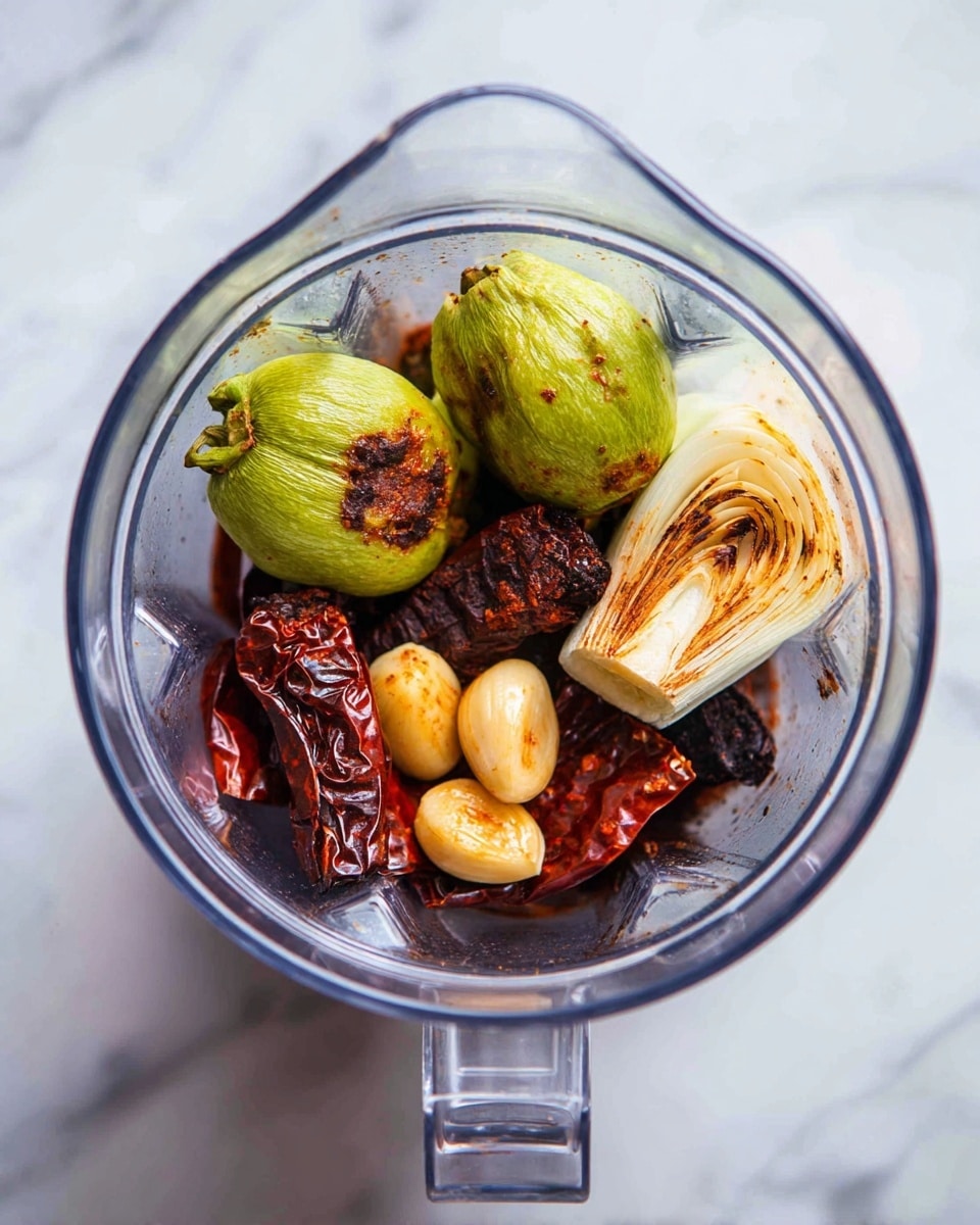 Inside a clear blender container, there are roasted vegetables and spices layered together. At the bottom, dark red dried chilies with a wrinkled texture lay flat, slightly curled and dry. Above them, there are two green tomatillos with browned, charred spots from roasting. Next to the tomatillos, there is a small cluster of three light golden-brown roasted garlic cloves with a smooth, slightly blistered surface. On one side, a piece of roasted white onion with some brown char marks is placed upright. The blender sits on a white marbled surface. Photo taken with an iphone --ar 4:5 --v 7