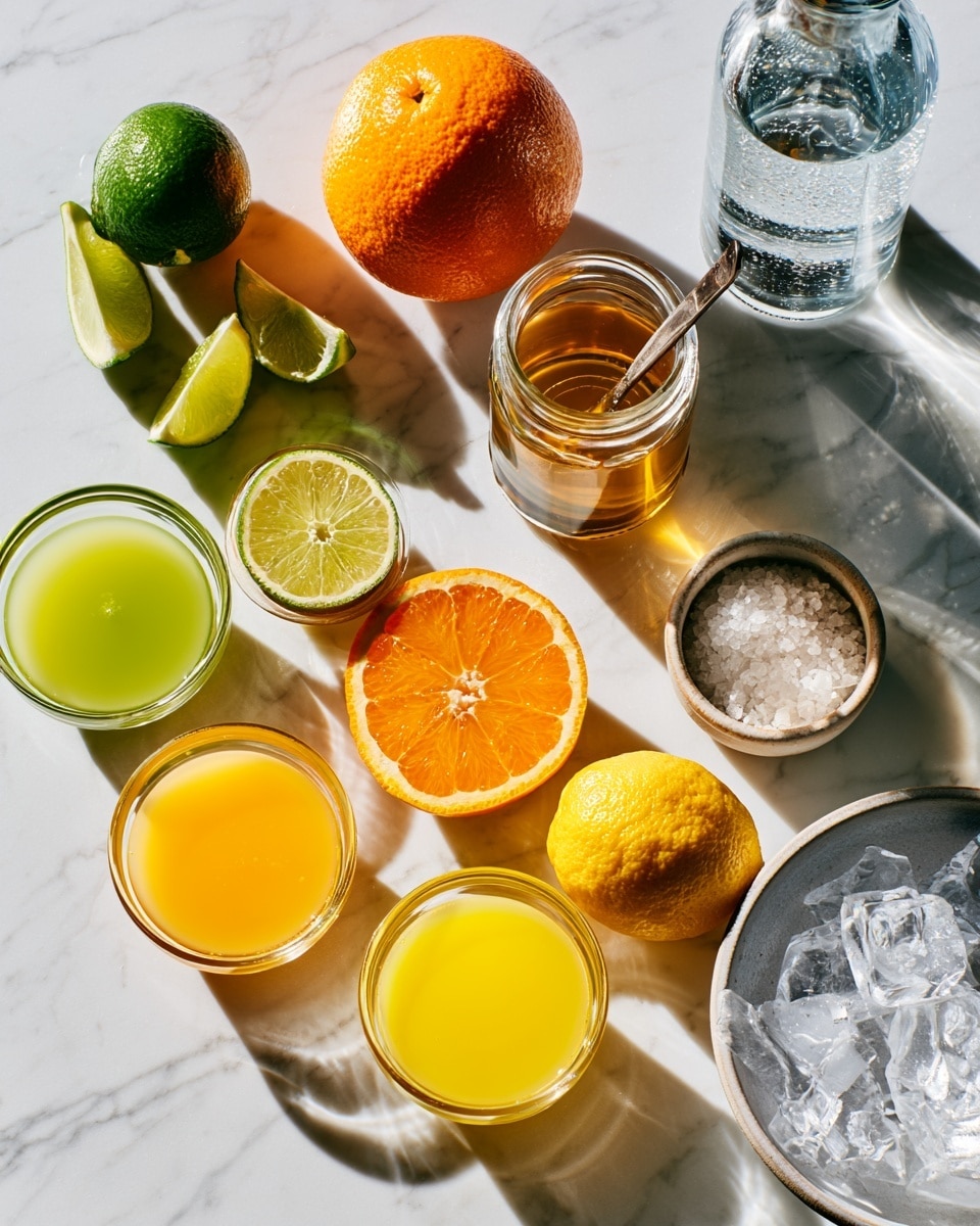 A clear glass filled with large ice cubes and a golden yellow liquid at the bottom, topped with a pale yellow liquid being poured through a metal strainer into the glass, the rim of the glass is coated with coarse salt crystals. The glass sits on a wooden board with scattered salt grains and three lime wedges nearby on a white marbled surface in the background. photo taken with an iphone --ar 4:5 --v 7