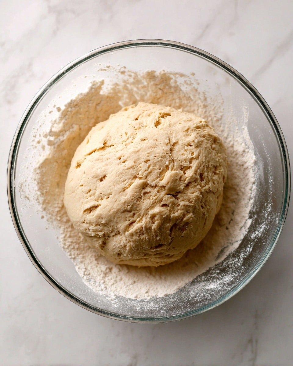A single large round ball of pale beige dough with a slightly rough and crumbly texture sits centered in a clear glass bowl, resting on a white marbled surface. The dough shows soft cracks and uneven spots on its surface, suggesting it is freshly mixed and pliable. The glass bowl is lightly dusted with flour, visible on the sides and bottom around the dough, enhancing the fresh baking atmosphere. The image is clean and simple, focusing on the dough's texture and shape. photo taken with an iphone --ar 4:5 --v 7