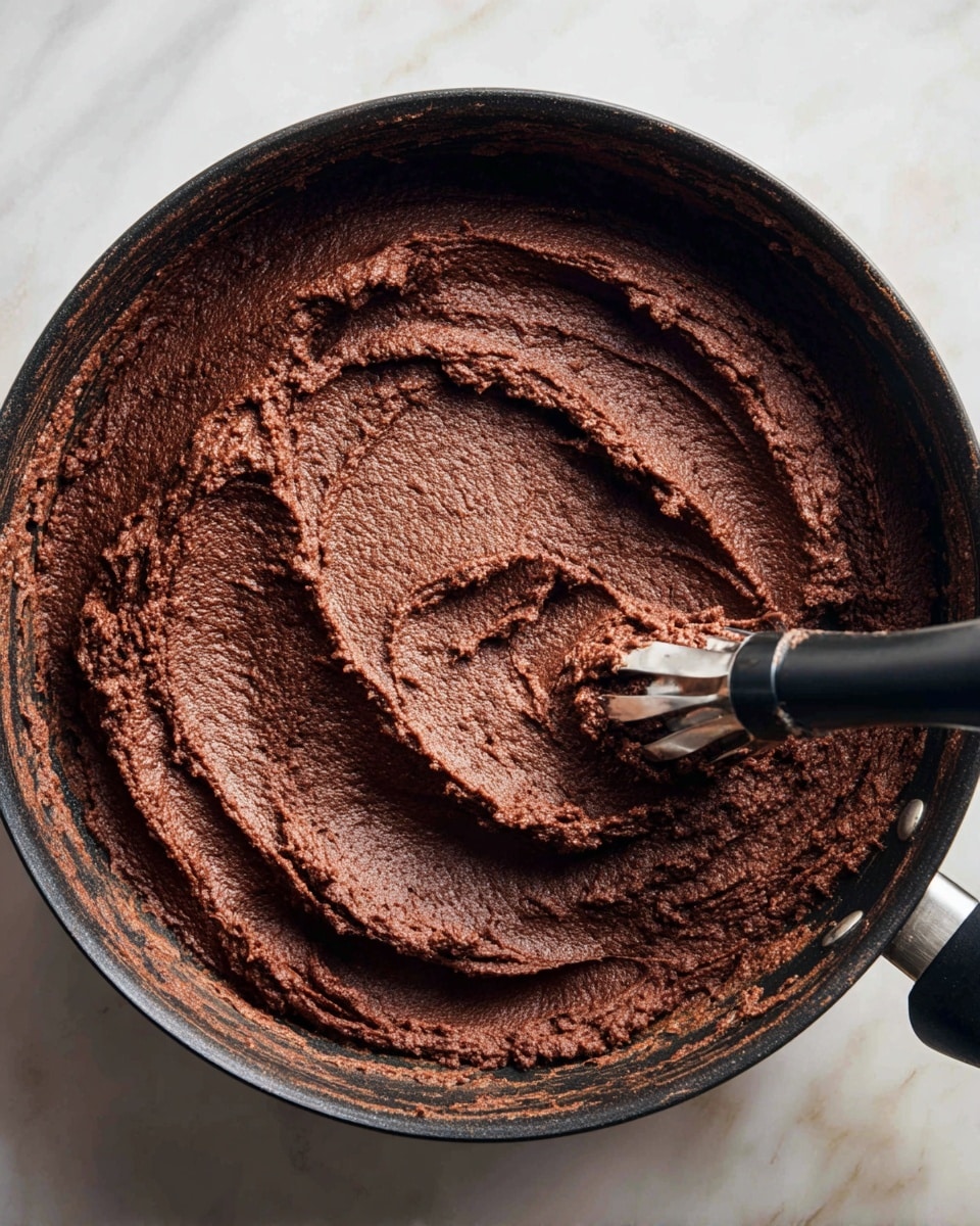A close-up view of a dark brown, thick mashed bean mixture with a slightly chunky texture, shown inside a black pan. A metal masher with a black handle is pressed into the beans, creating visible mashed lines and ridges across the top layer. The inside edges of the pan have some bean residue, showing the thick consistency of the beans. The pan rests on a white marbled surface; no other items or colors are visible in the background. photo taken with an iphone --ar 4:5 --v 7