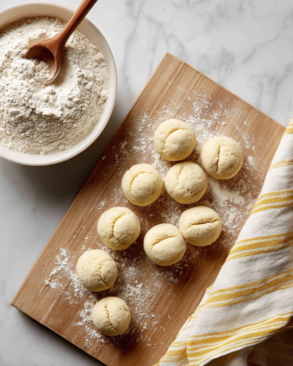 The image shows a wooden board placed on a white marbled surface with several small round dough balls scattered on it. Some dough balls have a shallow round indentation pressed into their centers, creating a layered effect of smooth, pale dough with slightly cracked edges around the indentations. At the bottom left corner of the image, there is a white bowl filled with flour and a wooden spoon resting inside it. A beige cloth with mustard yellow and white stripes is partially visible at the bottom right. The scene looks like a baking preparation stage with light flour dust sprinkled lightly over the wooden board. photo taken with an iphone --ar 4:5 --v 7
