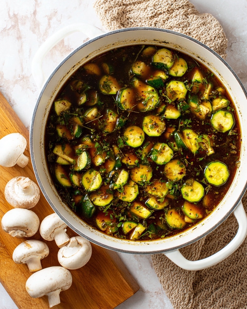A white pot filled with a dark brown broth that has visible herbs and spices floating in it. Inside the broth are many light green and yellowish pieces of chopped zucchini, cut into small semi-circles and quarter shapes. The pot is placed on a white marbled surface with a beige and brown textured cloth underneath part of the handle. To the left outside the pot, five whole white mushrooms lie on a light wooden board. photo taken with an iphone --ar 4:5 --v 7