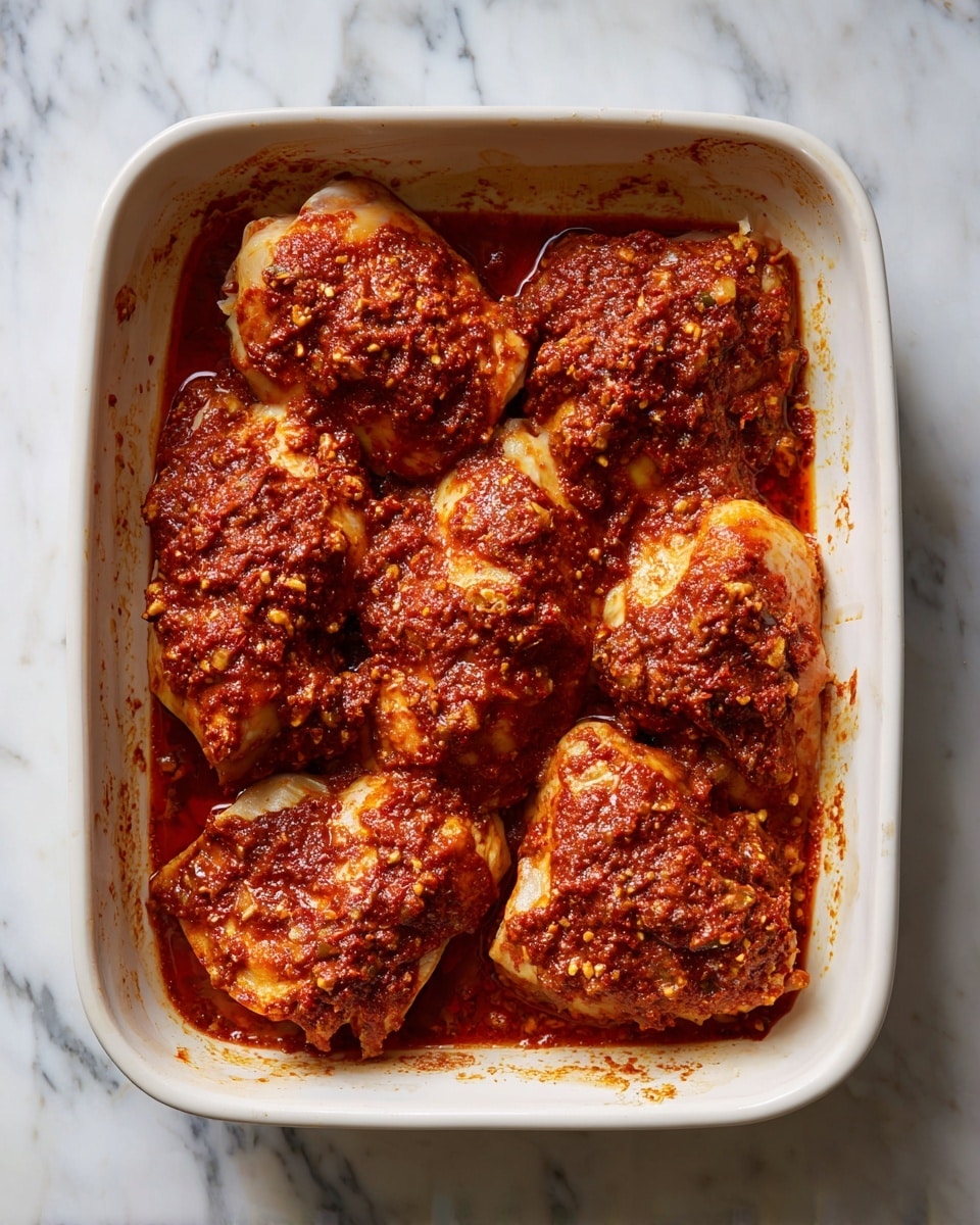 A white rectangular baking dish holds several pieces of raw chicken, each covered in a thick, chunky reddish-brown spice paste. The paste has a textured look with visible bits of ground ingredients, spread evenly over and around the chicken pieces. The dish sits on a white marbled surface, and the chicken pieces are arranged closely but not stacked, filling the dish in one even layer. The edges of the dish show some smudges of the spice mix. Photo taken with an iphone --ar 4:5 --v 7