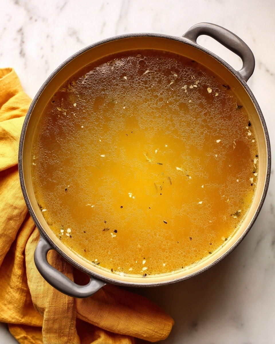 A large gray cooking pot filled with clear golden-brown broth showing some small pieces of seasoning and vegetables floating inside, with the surface reflecting light softly. The pot sits on a white marbled surface with a soft yellow cloth partially visible beneath it. The broth has a smooth texture and warm color, with no solid layers visible on top. Photo taken with an iphone --ar 4:5 --v 7