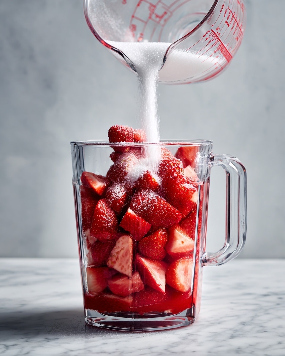 A transparent blender filled with bright red whole and halved strawberries forms the base layer, topped with a thick white layer of granulated sugar, while clear liquid is being poured from a tilted measuring cup into the blender’s center, all placed on a white marbled surface. photo taken with an iphone --ar 4:5 --v 7
