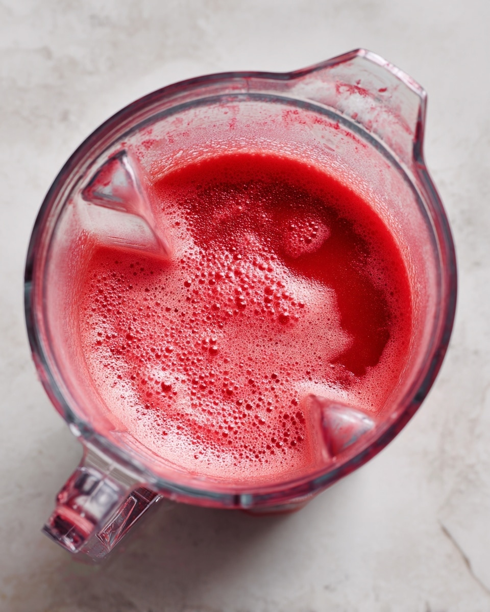 A clear blender jar filled almost to the top with a smooth, bright red liquid that has a light pink frothy layer on the surface. The blender is placed on a light-colored surface, and the background is a white marbled texture. The jar's handle and spout are visible, showing the clear plastic material and the deep red color of the blended mixture inside photo taken with an iphone --ar 4:5 --v 7