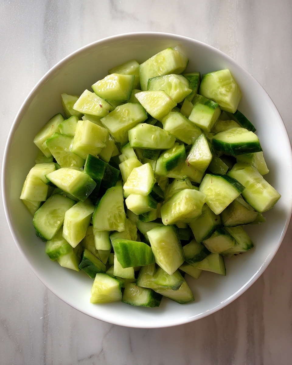 A white bowl filled with many small pieces of light green cucumbers, chopped into uneven chunks showing the pale inner flesh and seeds, sitting on a white marbled textured surface. photo taken with an iphone --ar 4:5 --v 7