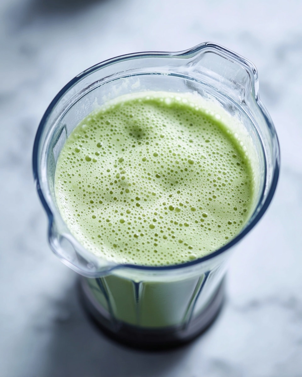 A clear blender container is filled almost to the top with a light green frothy mixture. The texture looks smooth with small bubbles on the surface, showing it has just been blended. The bottom part of the blender is silver, and it sits on a white marbled surface. The background is softly blurred white, keeping the focus on the fresh green drink inside the clear container photo taken with an iphone --ar 4:5 --v 7